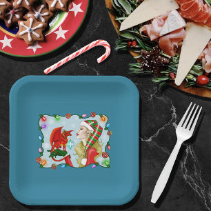 Christmas Blonde Elf Red Dragon Fantasy Paper Plate