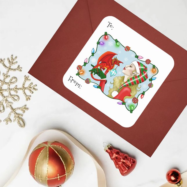 Christmas Blonde Elf Red Dragon Fantasy  Square Sticker (Creator Uploaded)