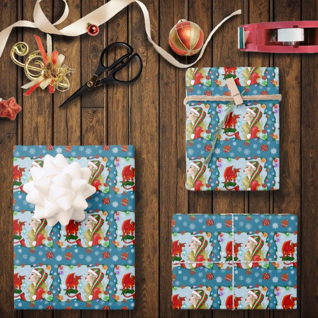 Christmas Blonde Elf Red Dragon Fantasy  Wrapping Paper Sheet (Creator Uploaded)