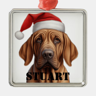 CHRISTMAS BLOODHOUND DOG WITH SANTA HAT METAL ORNAMENT