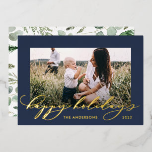 Christmas blue 1 photo botanical script foil holiday card