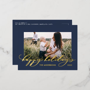 Christmas blue 1 photo botanical script  foil holiday postcard