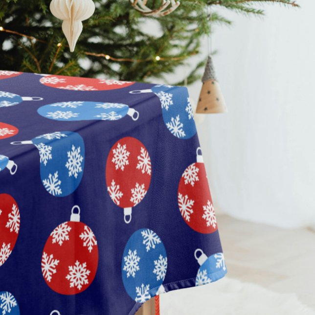 Christmas blue and red ornaments with snowflakes tablecloth (Trendy Christmas blue and red ornaments with snowflakes tablecloth on navy blue)