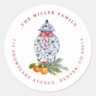 Christmas Blue and white Ginger jar  address Classic Round Sticker