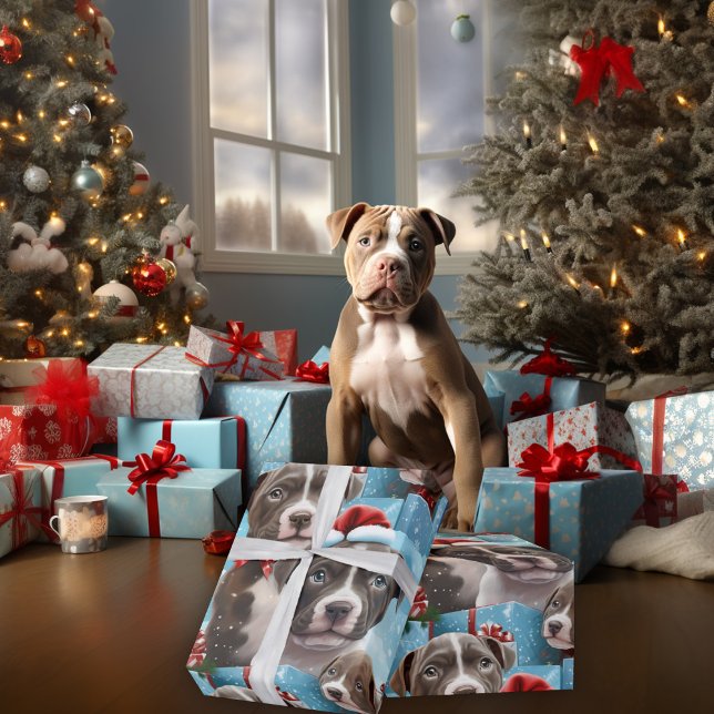 Christmas Blue and White Pitbull Pups  Wrapping Paper (Creator Uploaded)
