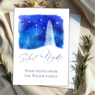 Christmas blue and white Silent Night snowy tree Holiday Card