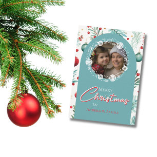 Christmas Blue Arch Botanical Green Pine Needles Holiday Card