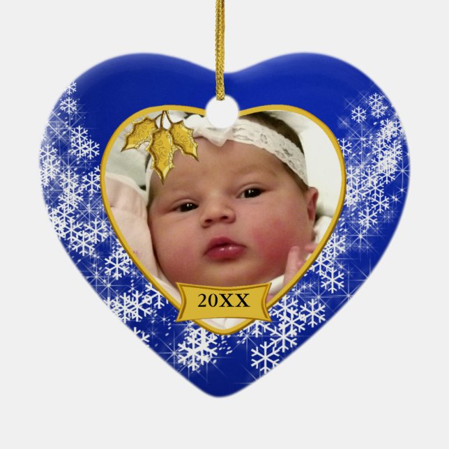 Christmas Blue Baby's Photo Heart Ceramic Ornament (Back)
