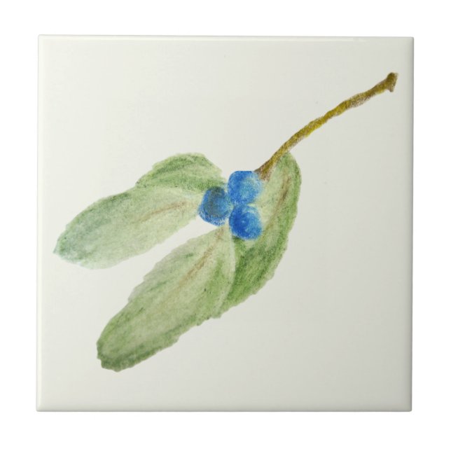Christmas Blue Berries Sprig Rustic Botanical Ceramic Tile (Front)