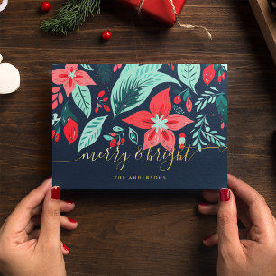 Christmas Blue Botanical Floral Gold Foil Holiday Card