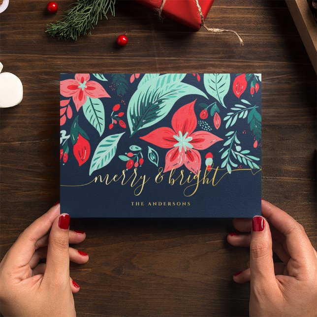 Christmas Blue Botanical Floral Gold Foil Holiday Card (Creator Uploaded)