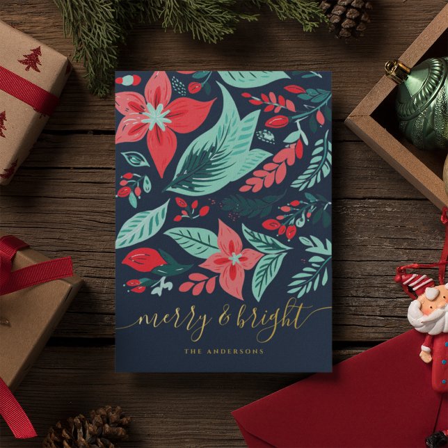 Christmas Blue Botanical Red Floral Pattern Gold Foil Holiday Card (Creator Uploaded)