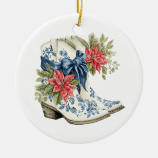 Christmas Blue Chinoiserie Cowgirl Boots Ceramic Ornament