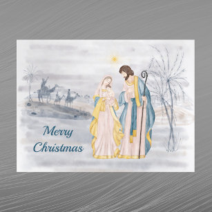 Christmas Blue Christian Religious Watercolor Holiday Postcard