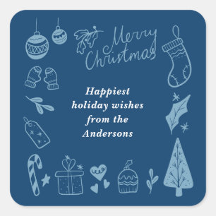 Christmas Blue Cute Festive Hand Drawn Doodles Square Sticker