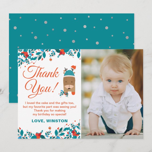Christmas Blue Deer Birthday Thank You Photo Card (Front/Back)
