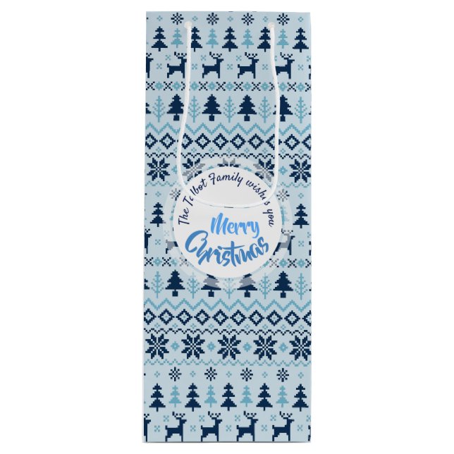 CHRISTMAS Blue Deer pattern personalised Wine Gift Bag (Front)