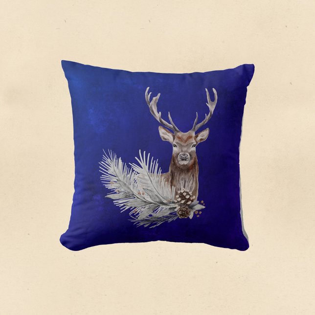 Christmas Blue Deer Pine Branch Cones Watercolor Cushion (Creator Uploaded)