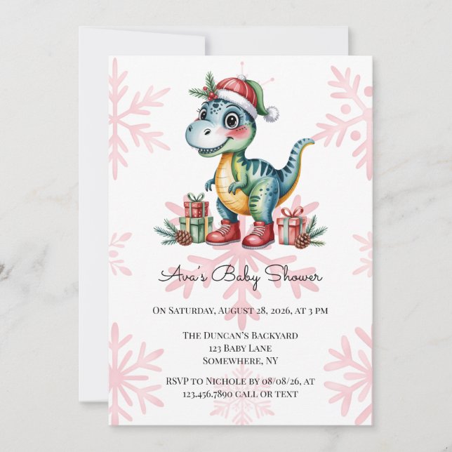 Christmas Blue Dino and Presents Boy Baby Shower Invitation (Front)