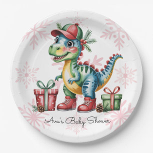 Christmas Blue Dino and Presents Boy Baby Shower Paper Plate