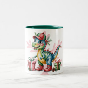 Christmas Blue Dino and Presents Boy Baby Shower Two-Tone Coffee Mug