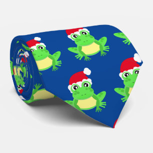 Christmas Blue Frog Santa Hat Pattern Novelty Tie
