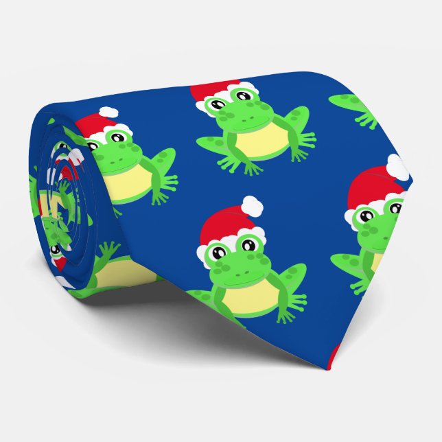 Christmas Blue Frog Santa Hat Pattern Novelty  Tie (Rolled)