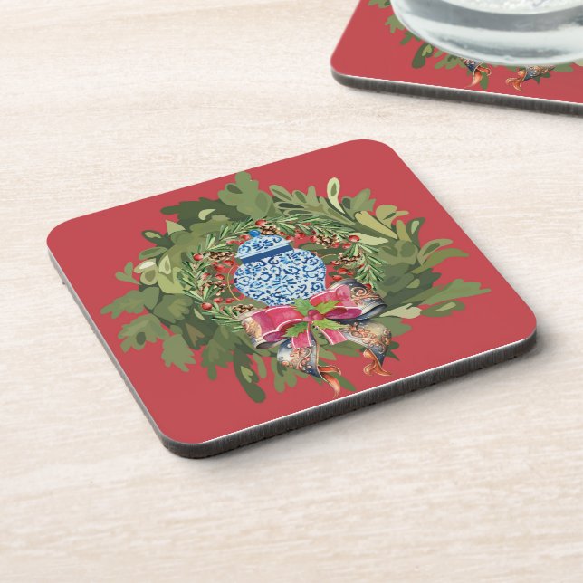Christmas Blue Ginger Jar Wreath Coaster (Left Side)