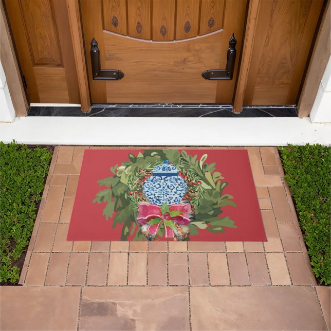 Christmas Blue Ginger Jar Wreath Doormat (Outdoor)