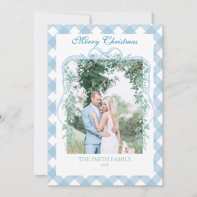 Christmas Blue Gingham Garland Grandmillenial Holiday Card (Front)