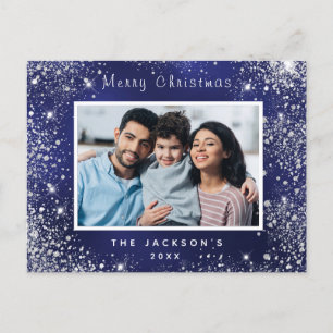 Christmas blue glitter family photo postcard
