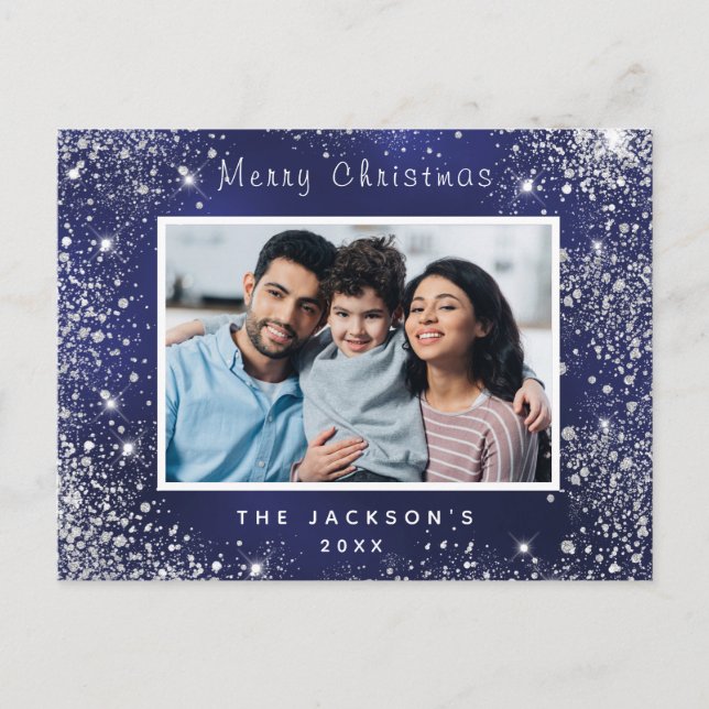 Christmas blue glitter family photo postcard (Front)