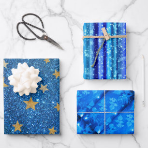 Christmas Blue Glitter Gold Stars, Floral Sparkle Wrapping Paper Sheet