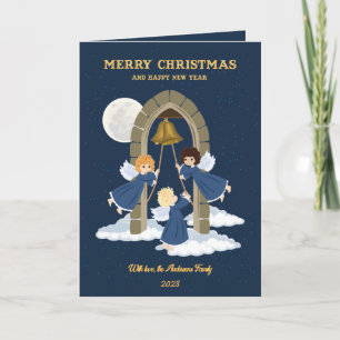 Christmas blue gold cute kids angel bell photocard holiday card