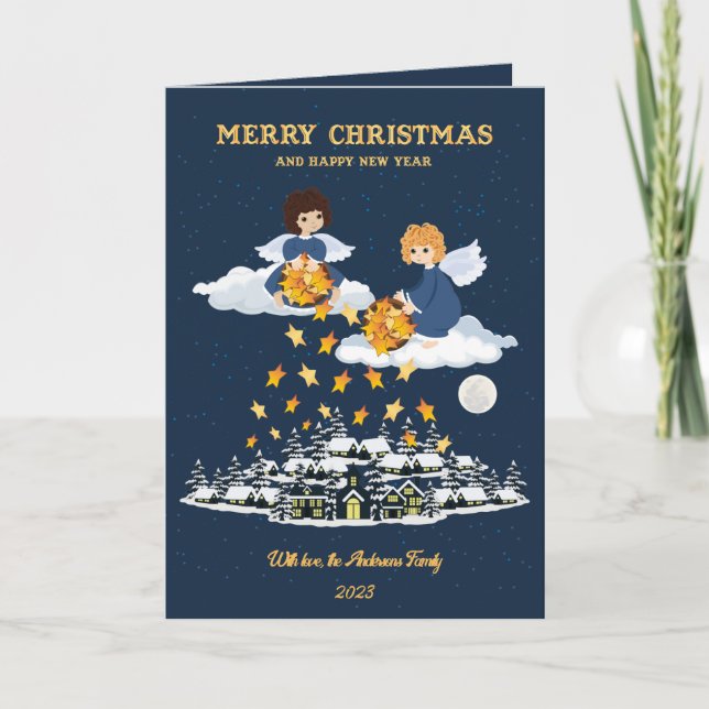 Christmas blue gold cute little angel photocard holiday card (Front)