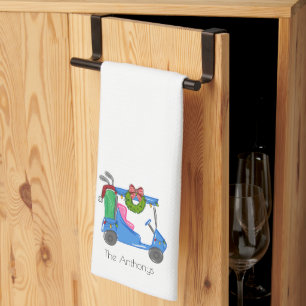 Christmas Blue Golf Cart Personalised Preppy Tea Towel