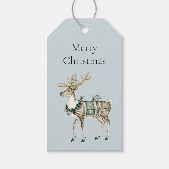Christmas Blue Green Deer Gift Tags (Front)