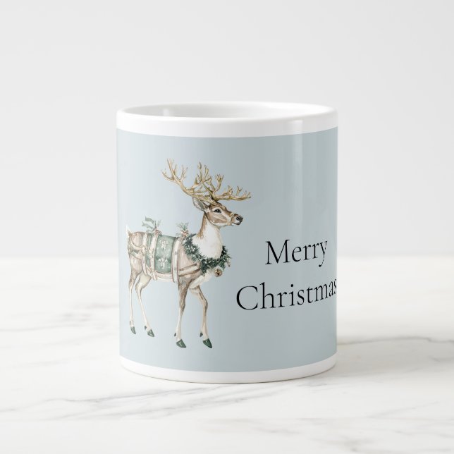 Christmas Blue Green Deer Large Coffee Mug (Front)