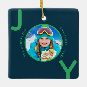 Christmas blue Green photo joy family name Ceramic Ornament