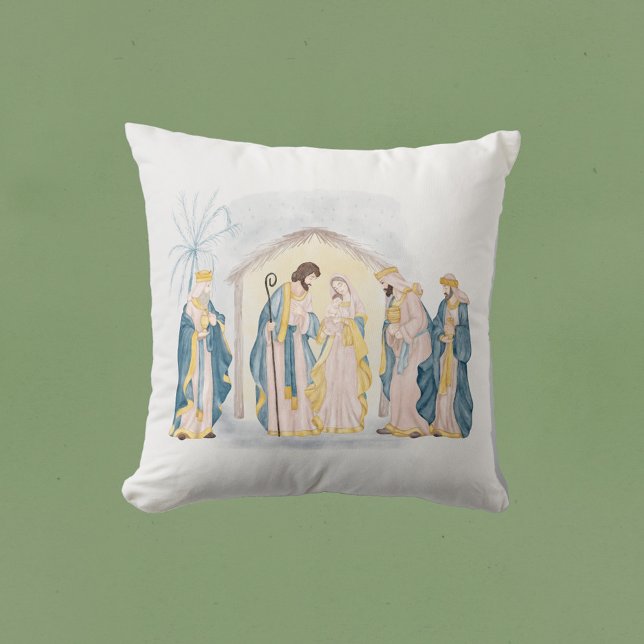 Christmas Blue Nativity Christian Watercolor Cushion (Creator Uploaded)