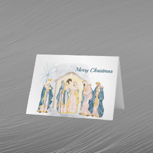 Christmas Blue Nativity Christian Watercolor Holiday Card