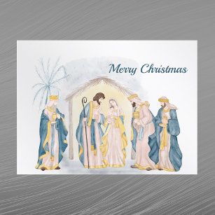 Christmas Blue Nativity Christian Watercolor Holiday Postcard