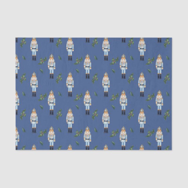 Christmas Blue Nutcracker and Holly Berry Branches Tissue Paper (Front)