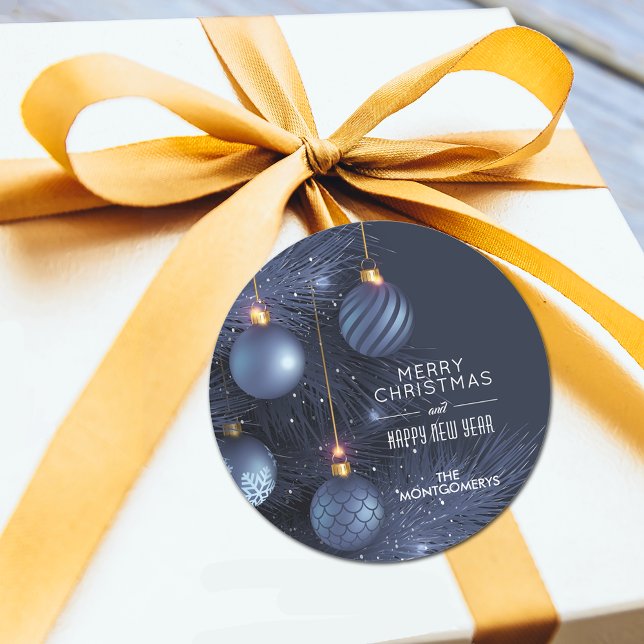 Christmas Blue Ornaments Classic Round Sticker (Christmas Blue Ornaments Round Stickers)