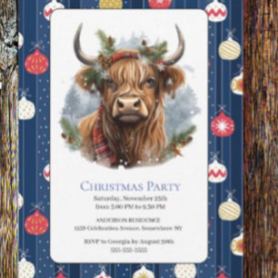 Christmas Blue Party Baubles  Highlander Cow Invitation