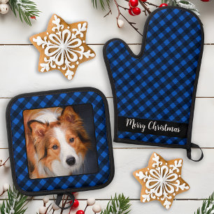 Christmas Blue Plaid Personalised Pet Dog Photo Oven Mitt & Pot Holder Set