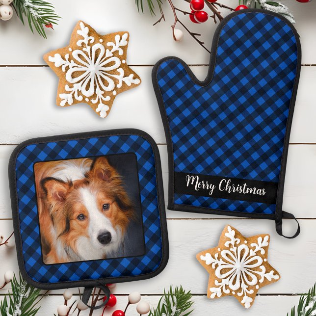Christmas Blue Plaid Personalised Pet Dog Photo Oven Mitt & Pot Holder Set (Creator Uploaded)
