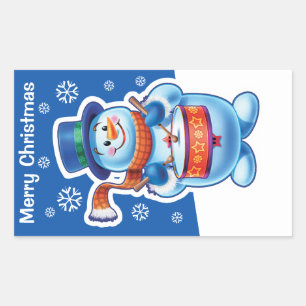 Christmas blue rectangle sticker Snowman drummer.