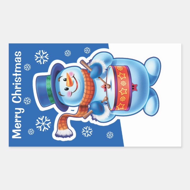 Christmas blue rectangle sticker Snowman drummer. (Front)