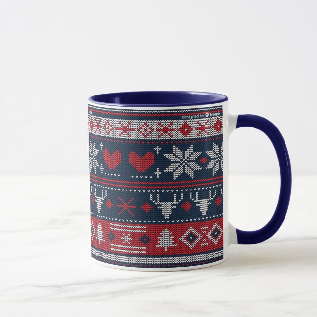 Christmas Blue Red Fair Isle Knitting Pattern Mug (Right)